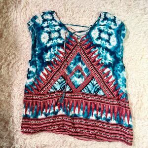 Vintage American Blues Tie Dye‎ Boho Hippie Indie Patchouli Natural Tie Back Top
